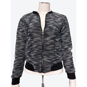 Almost Famous Black White Knit Zip Front Crew Neck Bomber Jacket Size Large